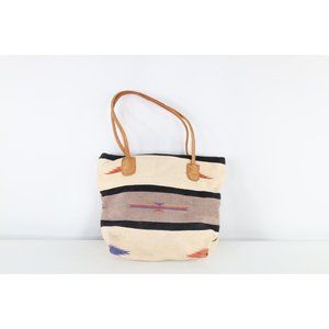 Vintage 90s Streetwear Boho Chic Leather Handled Southwestern Rug Bag USA